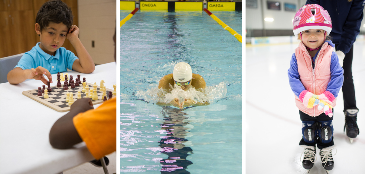 Collage of children playing chess, a swimmer in a lane and a little girl with a helmet on a skating rink